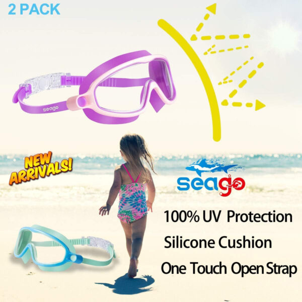 Seago Swim Goggles 2 Pack Anti-Fog Anti-UV Wide View Swimming Goggles for Kids 3-14