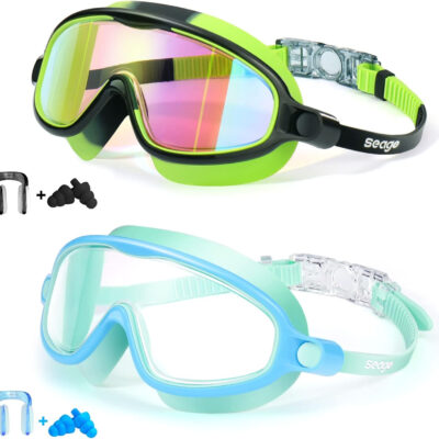 Seago Swim Goggles 2 Pack Anti-Fog Anti-UV Wide View Swimming Goggles for Kids 3-14