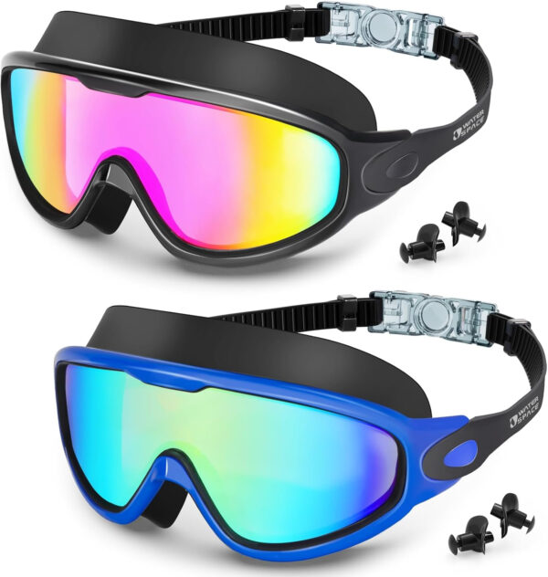 Swim Goggles 2 Pack for Adult Men Women, Anti-fog UV Protection No Leak 180° Wide View Clear Vision Pool Goggles