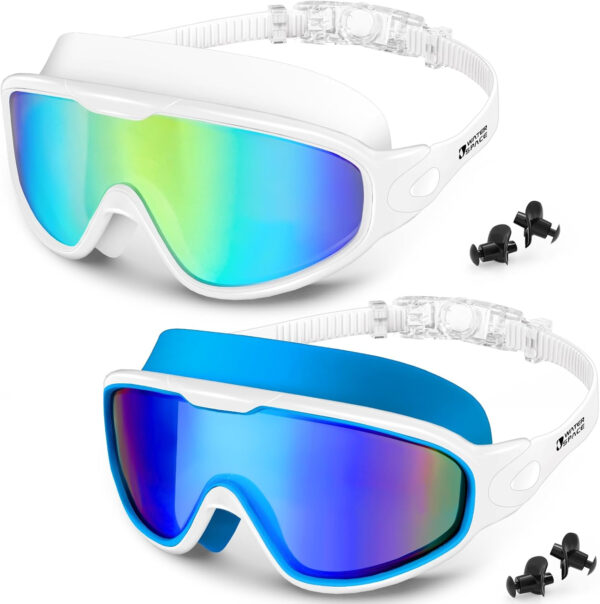 Swim Goggles 2 Pack for Adult Men Women, Anti-fog UV Protection No Leak 180° Wide View Clear Vision Pool Goggles