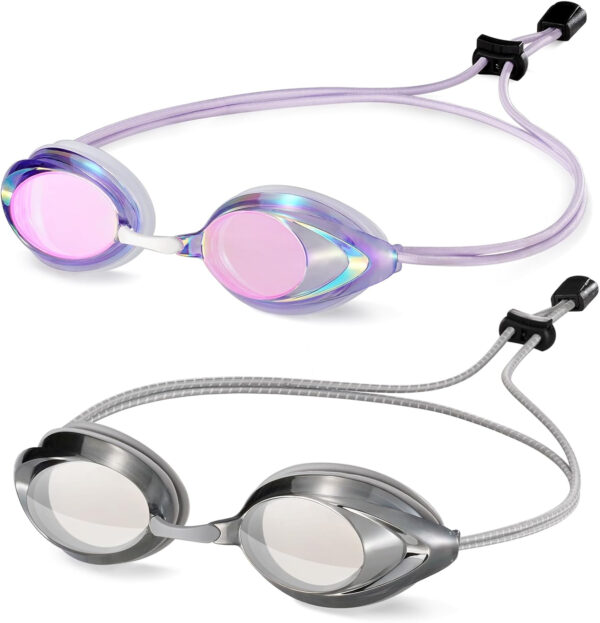 Racing Swim Goggles 2 Pack for Adult Men Women 180° Panoramic Clear View Bungee Strap Swimming Goggles No Leaking