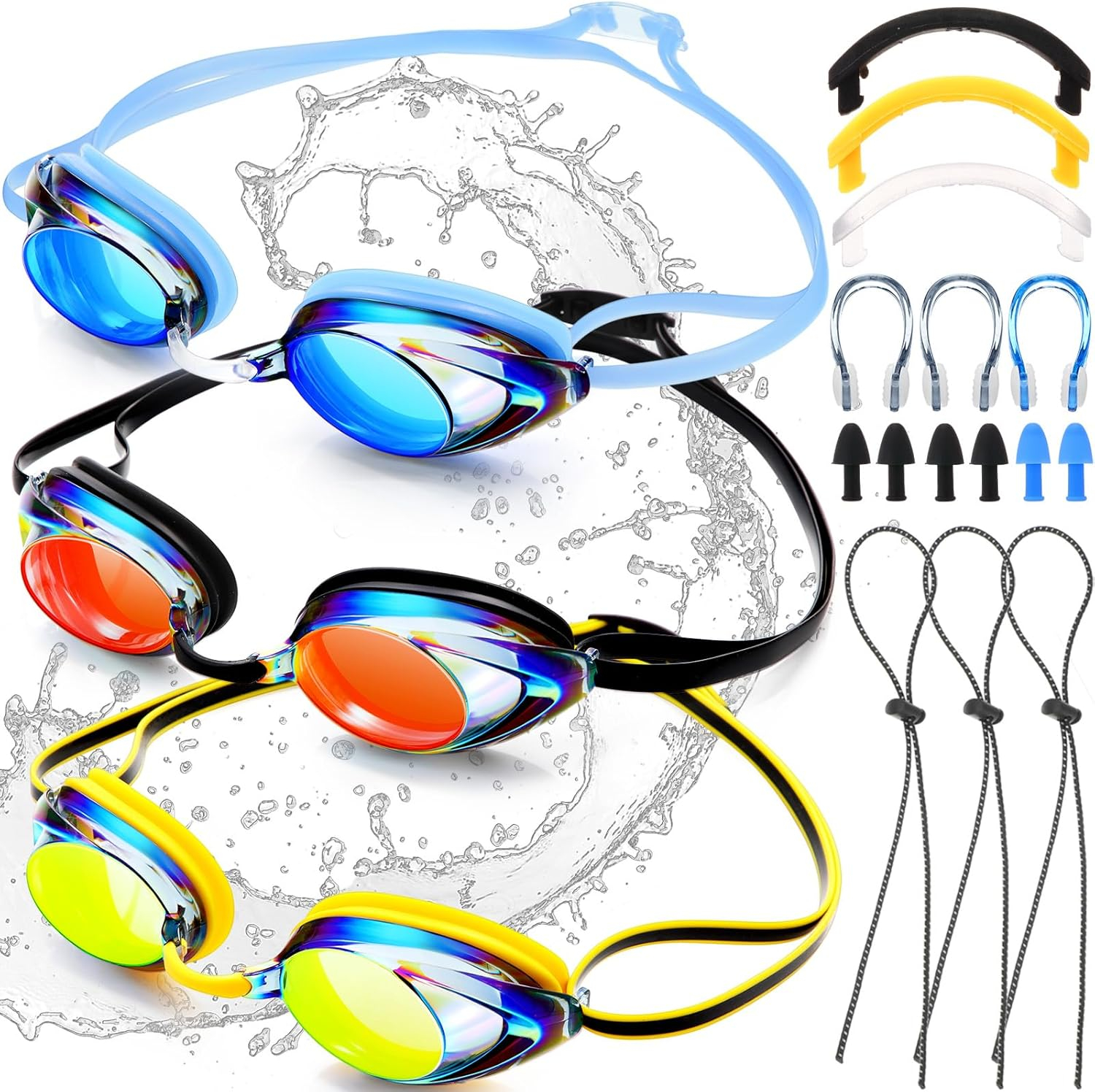 Landhoow 3 Pcs Adult Swimming Goggles for Men Women Anti UV Fog Race Mirrored Goggles with 6 Nose Bridge and 3 Bungee Straps