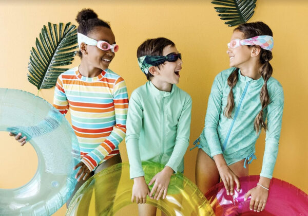 Splash Place SWIM GOGGLES with Fabric Strap - Adult & Kids Swim Goggles - BLUES & GREENS
