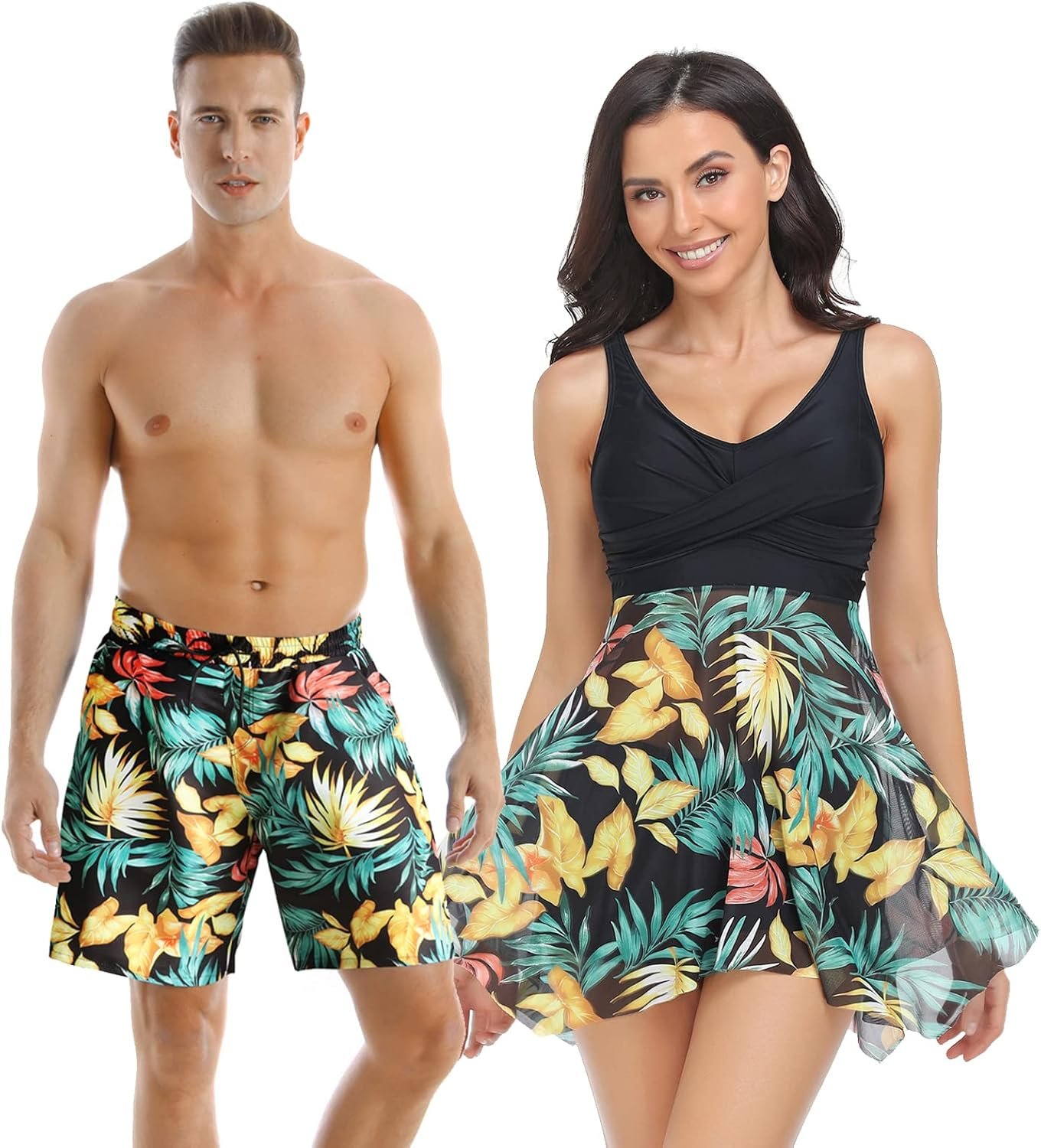 Matching Swimsuits for Couples Women Swimdress with Boy-Short Tankini Set Men Swim Trunks Board Short Modest Swimwear