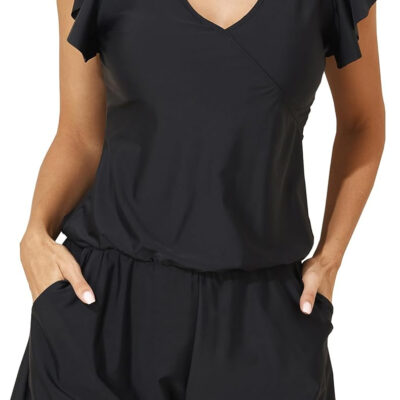 Smismivo Swim Romper with Built in Bra and Pockets Swim Dress Modest One Piece Swimsuit Full Coverage Bathing Suit