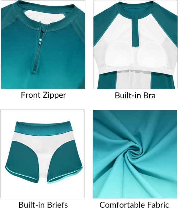 Women Long Sleeve Rash Guard - Two Piece Swimsuit with Shorts UPF 50+ Bathing Suit Built in Bra Surf Swim Shirt