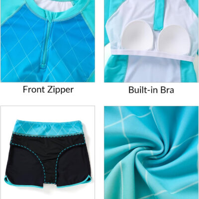 Women Long Sleeve Rash Guard - Two Piece Swimsuit with Shorts UPF 50+ Bathing Suit Built in Bra Surf Swim Shirt