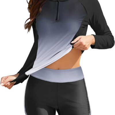 Women Long Sleeve Rash Guard - Two Piece Swimsuit with Shorts UPF 50+ Bathing Suit Built in Bra Surf Swim Shirt