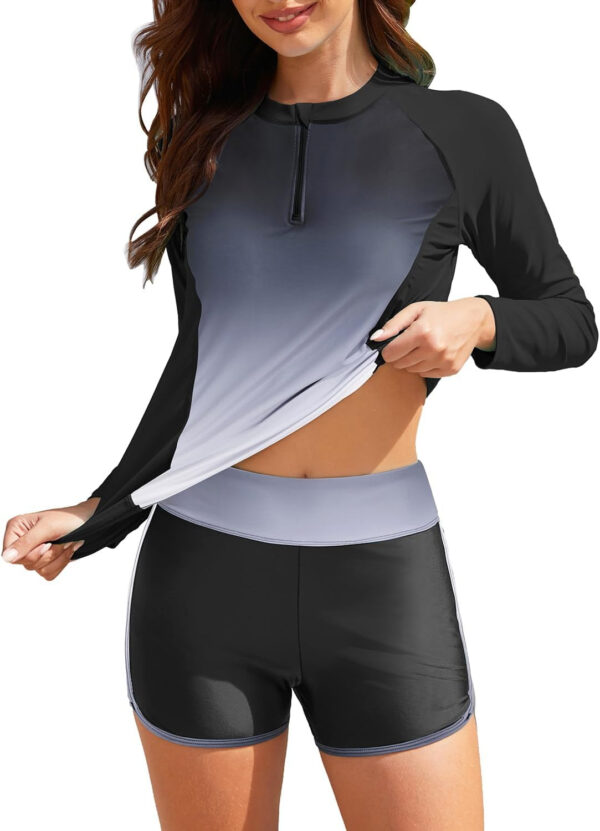 Women Long Sleeve Rash Guard - Two Piece Swimsuit with Shorts UPF 50+ Bathing Suit Built in Bra Surf Swim Shirt