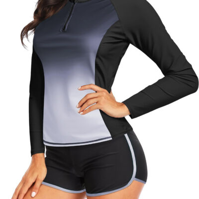 Women Long Sleeve Rash Guard - Two Piece Swimsuit with Shorts UPF 50+ Bathing Suit Built in Bra Surf Swim Shirt