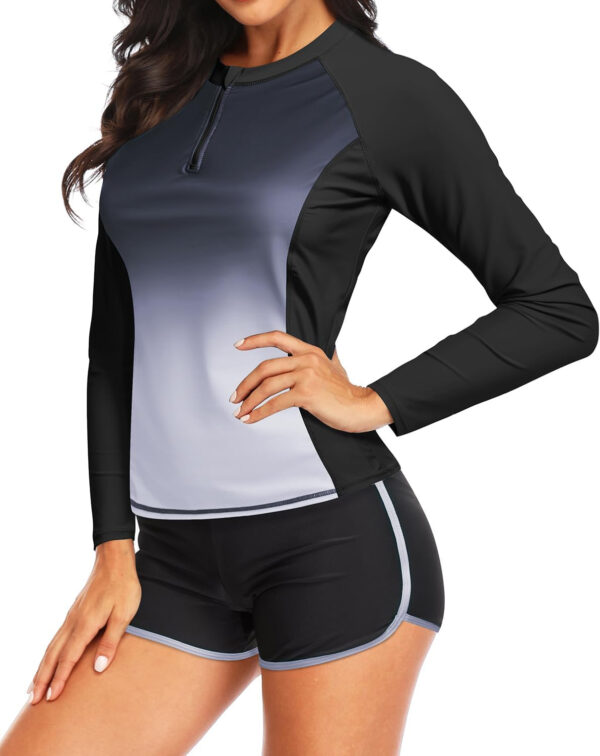 Women Long Sleeve Rash Guard - Two Piece Swimsuit with Shorts UPF 50+ Bathing Suit Built in Bra Surf Swim Shirt