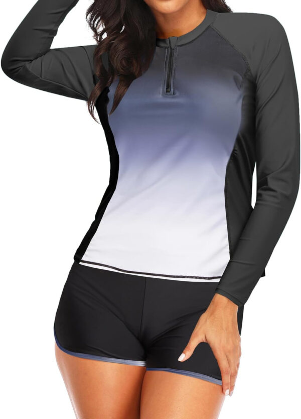 Women Long Sleeve Rash Guard - Two Piece Swimsuit with Shorts UPF 50+ Bathing Suit Built in Bra Surf Swim Shirt
