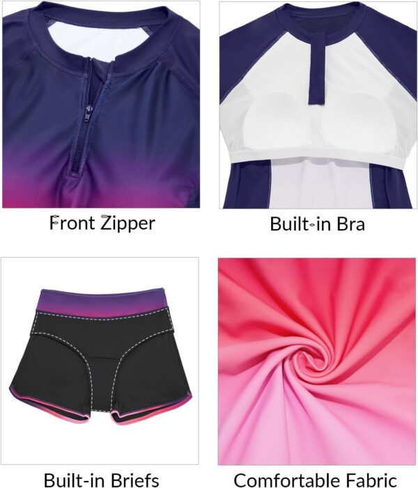 Women Long Sleeve Rash Guard - Two Piece Swimsuit with Shorts UPF 50+ Bathing Suit Built in Bra Surf Swim Shirt