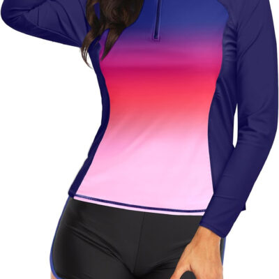 Women Long Sleeve Rash Guard - Two Piece Swimsuit with Shorts UPF 50+ Bathing Suit Built in Bra Surf Swim Shirt