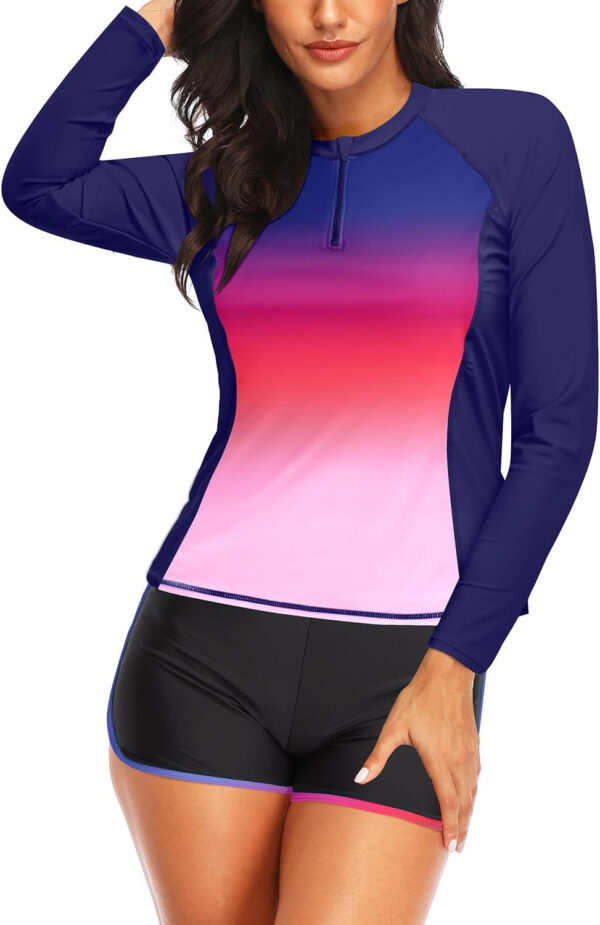 Women Long Sleeve Rash Guard - Two Piece Swimsuit with Shorts UPF 50+ Bathing Suit Built in Bra Surf Swim Shirt