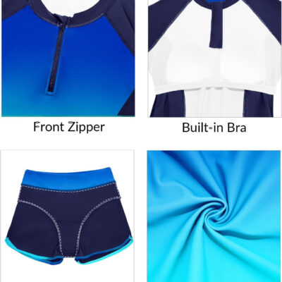 Women Long Sleeve Rash Guard - Two Piece Swimsuit with Shorts UPF 50+ Bathing Suit Built in Bra Surf Swim Shirt