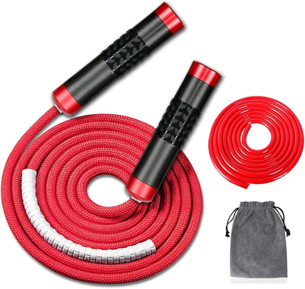 689a5f8edcb212789fb22745f1aa00ecc2f1021f588467c3d1b06.jpg Redify Weighted Jump Rope for Workout Fitness(1LB), Tangle-Free Ball Bearing Rapid Speed Skipping Rope for MMA Boxing Weight-loss,Aluminum Handle Adjustable Length 9MM Fabric Cotton+9MM Solid PVC Rope