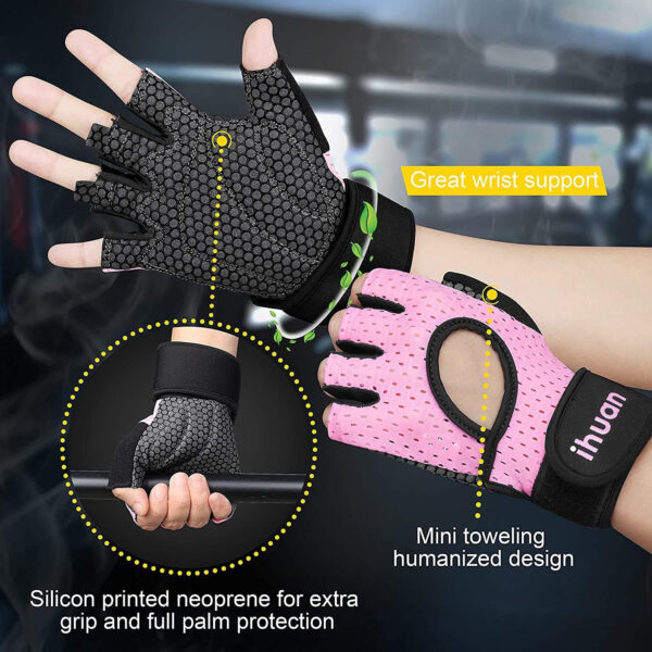ihuan Breathable Weight Lifting Gloves: Fingerless Workout Gym Wrist Support | Enhance Palm Protection | Extra Grip for Fitness |Training | Rowing | Pull-ups