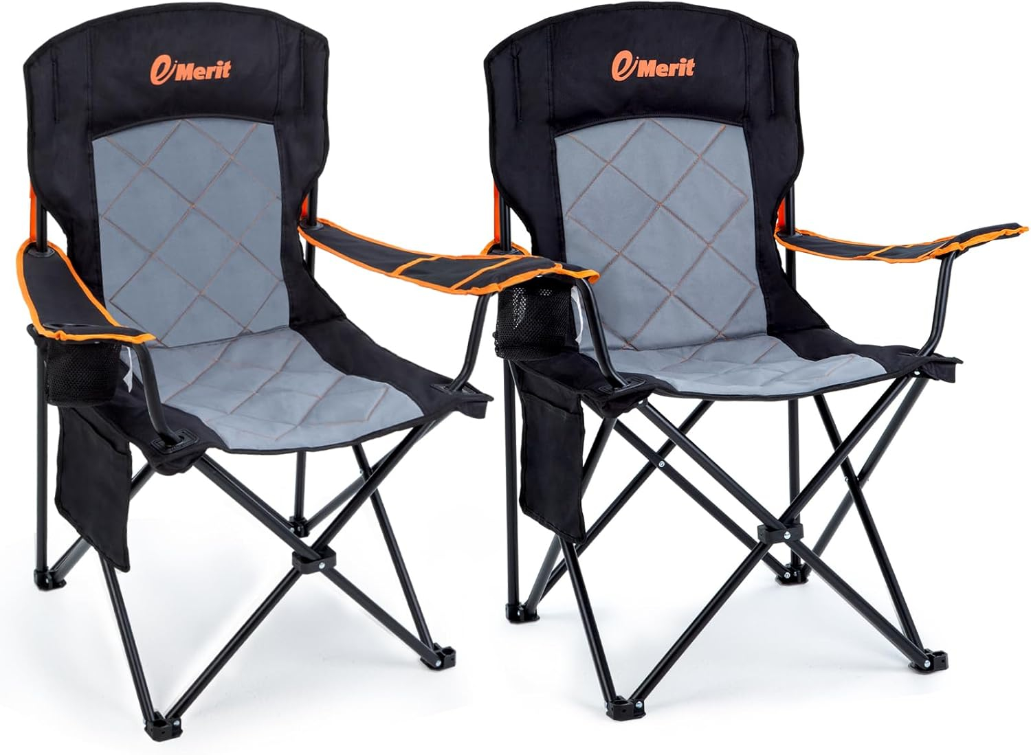 EMERIT 2 Pack Oversized Padded Camping Chair, 350LB Heavy Duty Quad Fold Chair with Arms, Collapsible Outdoor Chairs with Lumbar Back & Cup Holder