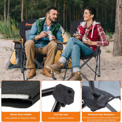 EMERIT 2 Pack Oversized Padded Camping Chair, 350LB Heavy Duty Quad Fold Chair with Arms, Collapsible Outdoor Chairs with Lumbar Back & Cup Holder