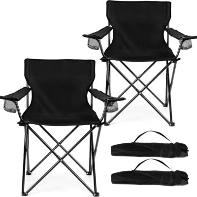 HaSteeL Foldable Camping Chair Set of 2, Folding Camp Chairs for Adults, Large Portable Lawn Chair for Outdoors Fishing, Hiking, Travel, Picnic, Beach, Supports 275lbs & Include Storage Bags (Black)