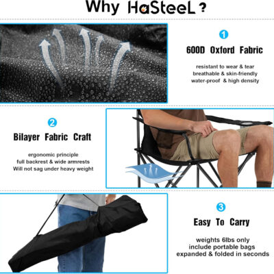 HaSteeL Foldable Camping Chair Set of 2, Folding Camp Chairs for Adults, Large Portable Lawn Chair for Outdoors Fishing, Hiking, Travel, Picnic, Beach, Supports 275lbs & Include Storage Bags (Black)