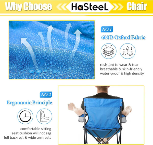 HaSteeL Foldable Camping Chair Set of 2, Folding Camp Chairs for Adults, Large Portable Lawn Chair for Outdoors Fishing, Hiking, Travel, Picnic, Beach, Supports 275lbs & Include Storage Bags (Black)