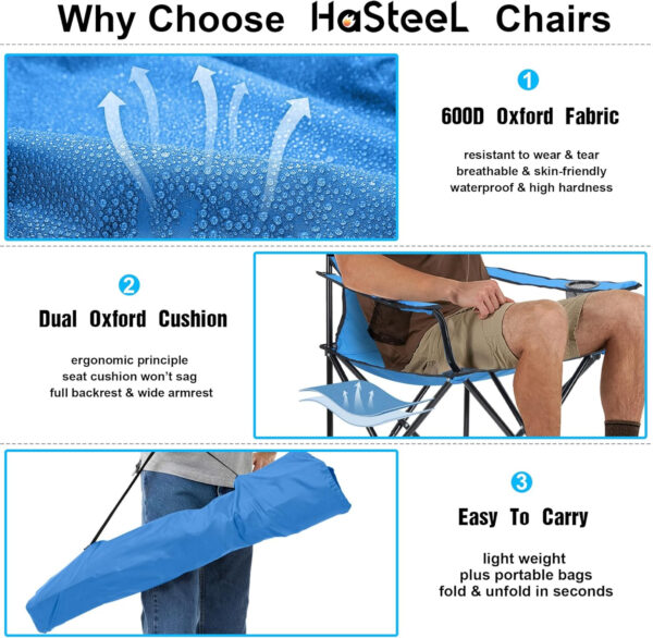 HaSteeL Foldable Camping Chair Set of 2, Folding Camp Chairs for Adults, Large Portable Lawn Chair for Outdoors Fishing, Hiking, Travel, Picnic, Beach, Supports 275lbs & Include Storage Bags (Black)