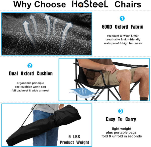 HaSteeL Foldable Camping Chair Set of 2, Folding Camp Chairs for Adults, Large Portable Lawn Chair for Outdoors Fishing, Hiking, Travel, Picnic, Beach, Supports 275lbs & Include Storage Bags (Black)