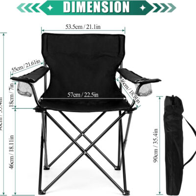 HaSteeL Foldable Camping Chair Set of 2, Folding Camp Chairs for Adults, Large Portable Lawn Chair for Outdoors Fishing, Hiking, Travel, Picnic, Beach, Supports 275lbs & Include Storage Bags (Black)