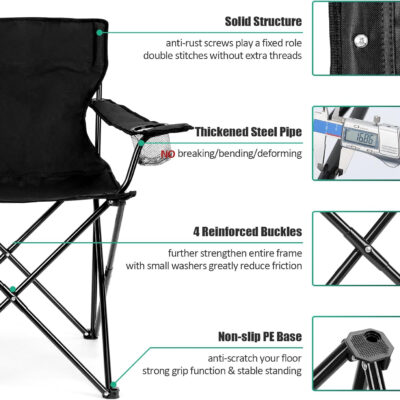 HaSteeL Foldable Camping Chair Set of 2, Folding Camp Chairs for Adults, Large Portable Lawn Chair for Outdoors Fishing, Hiking, Travel, Picnic, Beach, Supports 275lbs & Include Storage Bags (Black)