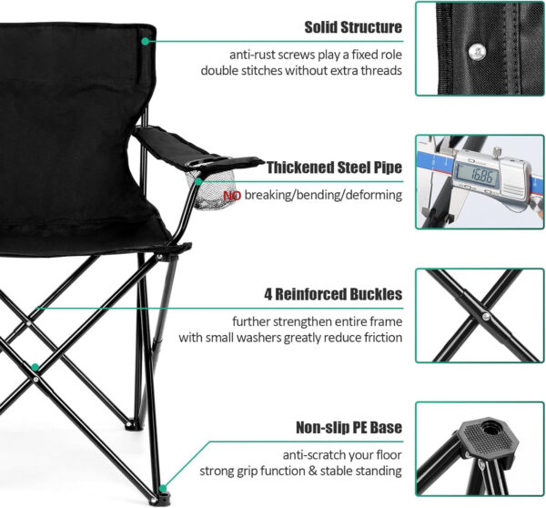 HaSteeL Foldable Camping Chair Set of 2, Folding Camp Chairs for Adults, Large Portable Lawn Chair for Outdoors Fishing, Hiking, Travel, Picnic, Beach, Supports 275lbs & Include Storage Bags (Black)