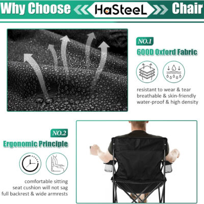 HaSteeL Foldable Camping Chair Set of 2, Folding Camp Chairs for Adults, Large Portable Lawn Chair for Outdoors Fishing, Hiking, Travel, Picnic, Beach, Supports 275lbs & Include Storage Bags (Black)