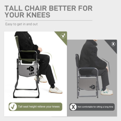 EVER ADVANCED Portable 30.7" Seat Height Tall Folding Camping Chair Directors Chair High Foldable Bar Stool with Side Table for Makeup Artist, Sports Event, Craft Show, Supports 350LBS Black Grey