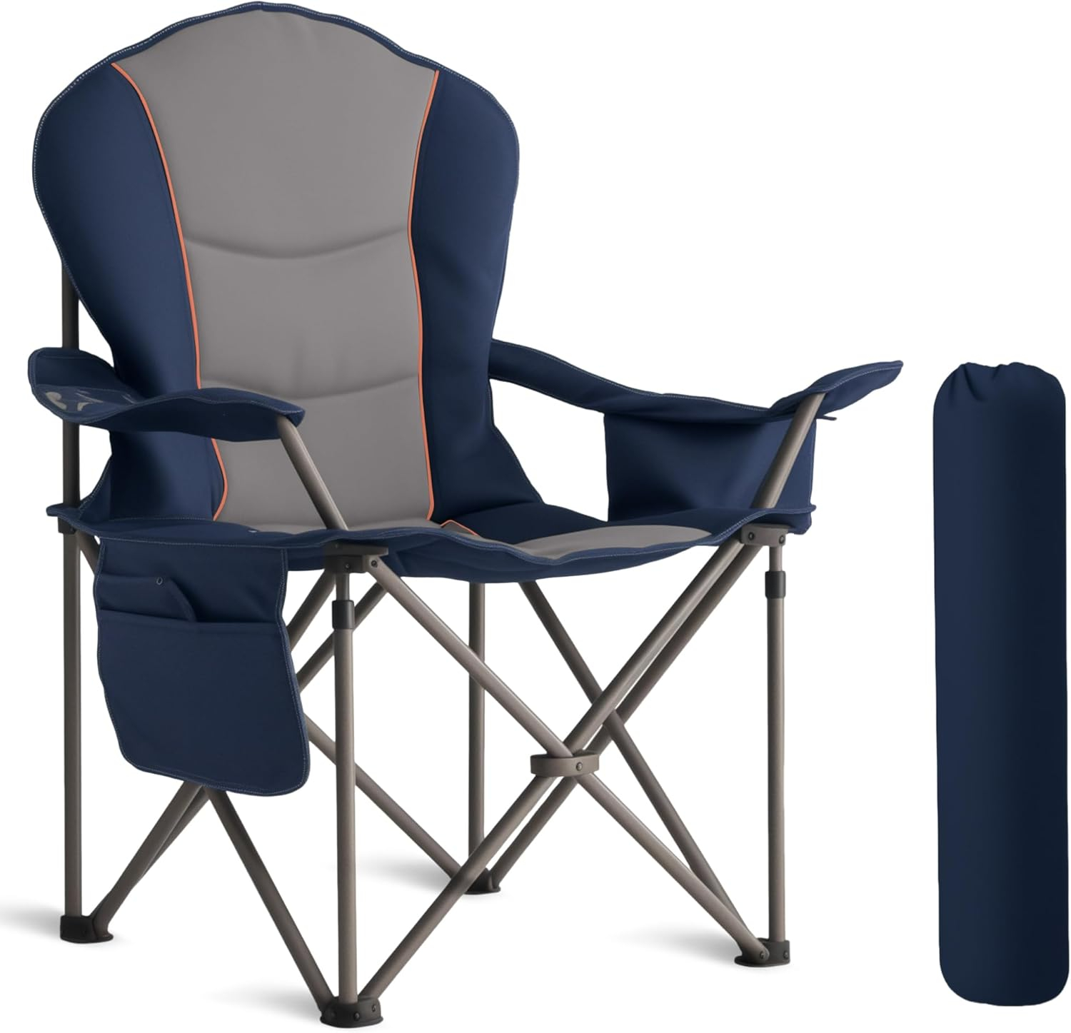 Oversized Camping Chair Heavy Duty 500LB - Portable Folding Chair with Cooler Bag, Cup Holder & Waterproof Phone Case for Adults, Beach, Hiking, Backyard (Blue & Gray)