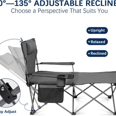 apollo walker Camping Chairs for Adults - 6 Legged Beach Chair with Foot Rest, Adjustable 90° - 135° Reclining Lounge Chair Outdoor, Folding Chairs for Outside with Detachable Pillow & Carry Bag Grey