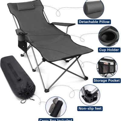 apollo walker Camping Chairs for Adults - 6 Legged Beach Chair with Foot Rest, Adjustable 90° - 135° Reclining Lounge Chair Outdoor, Folding Chairs for Outside with Detachable Pillow & Carry Bag Grey