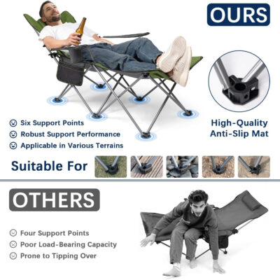 apollo walker Camping Chairs for Adults - 6 Legged Beach Chair with Foot Rest, Adjustable 90° - 135° Reclining Lounge Chair Outdoor, Folding Chairs for Outside with Detachable Pillow & Carry Bag Grey