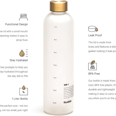 Time Marked Motivational Water Bottle – 1 Liter (33oz) Leak-Proof Hydration Tracker with Hourly Reminders – Brass Lid – Boost Water Intake & Wellness Daily