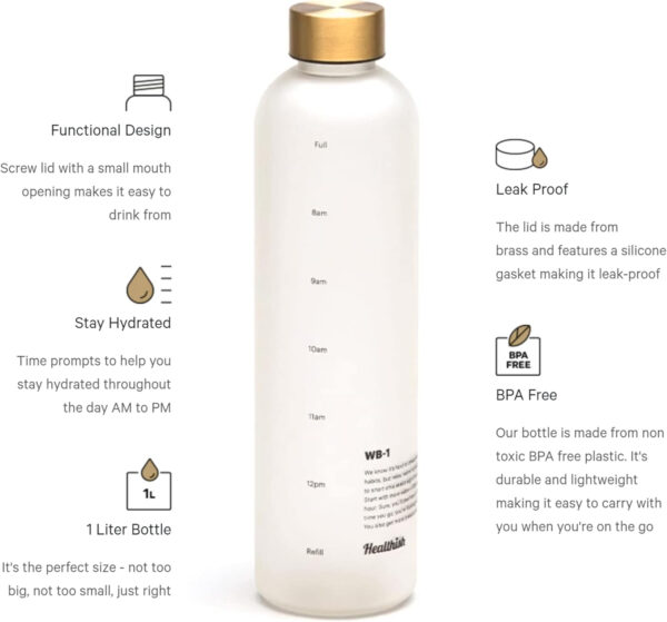 Time Marked Motivational Water Bottle – 1 Liter (33oz) Leak-Proof Hydration Tracker with Hourly Reminders – Brass Lid – Boost Water Intake & Wellness Daily