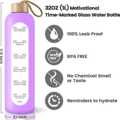 PROBTTL Borosilicate Glass Water Bottle with Time Marker Reminder Quotes, 1 Liter Leak Proof Reusable BPA Free Motivational Water Bottles with Silicone Sleeve and Bamboo Lid