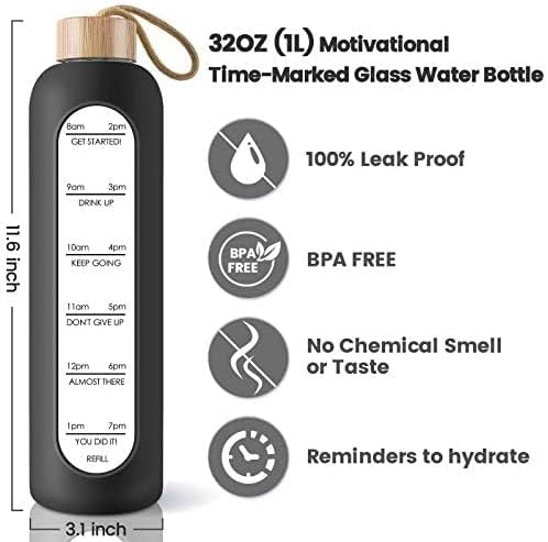 PROBTTL Borosilicate Glass Water Bottle with Time Marker Reminder Quotes, 1 Liter Leak Proof Reusable BPA Free Motivational Water Bottles with Silicone Sleeve and Bamboo Lid