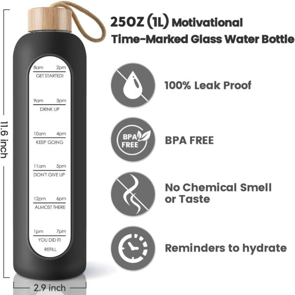 PROBTTL Borosilicate Glass Water Bottle with Time Marker Reminder Quotes, 1 Liter Leak Proof Reusable BPA Free Motivational Water Bottles with Silicone Sleeve and Bamboo Lid