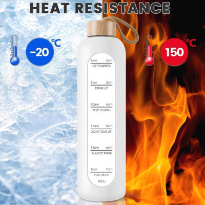 PROBTTL Borosilicate Glass Water Bottle with Time Marker Reminder Quotes, 1 Liter Leak Proof Reusable BPA Free Motivational Water Bottles with Silicone Sleeve and Bamboo Lid