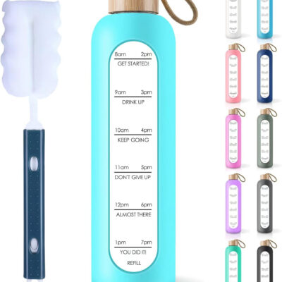 PROBTTL Borosilicate Glass Water Bottle with Time Marker Reminder Quotes, 1 Liter Leak Proof Reusable BPA Free Motivational Water Bottles with Silicone Sleeve and Bamboo Lid