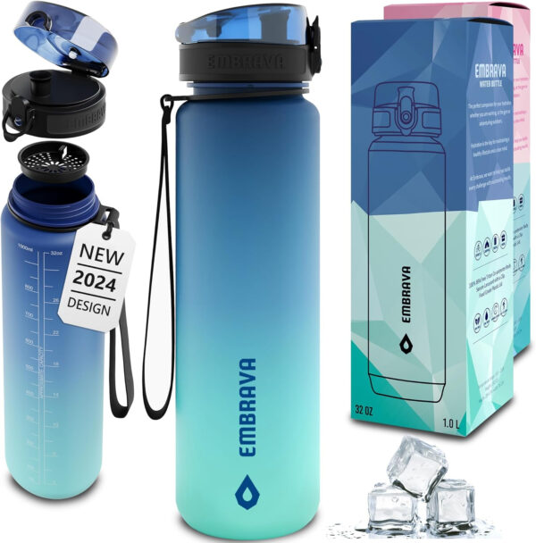 689acff2538b3261c76ee06c8330eb05960c23b503605d52cd127.jpg Embrava Sports Water Bottle - 32oz Large - Fast Flow Quick Sip Lid - BPA & BPS Free - Leakproof, Flip Top - Lightweight & Sturdy Tritan Plastic - Strainer for Fruit & Ice