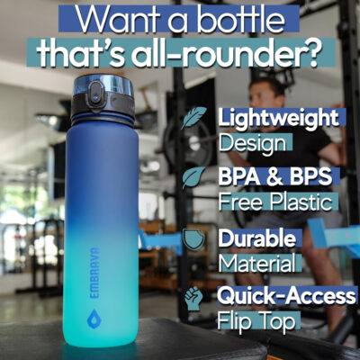 689acff58dc24fb21a70c983a6e6f4cd013ebf2b66c28b60e7f69.jpg Embrava Sports Water Bottle - 32oz Large - Fast Flow Quick Sip Lid - BPA & BPS Free - Leakproof, Flip Top - Lightweight & Sturdy Tritan Plastic - Strainer for Fruit & Ice