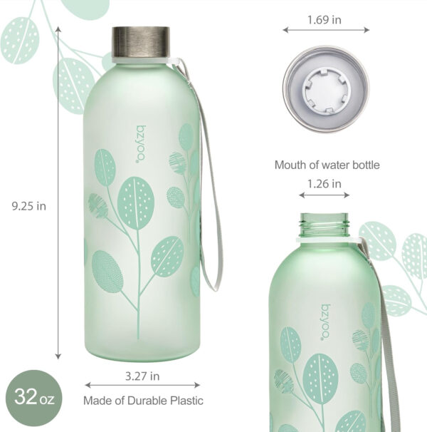 bzyoo 32 OZ 1 Liter Time Marker Water Bottle Frosted Durable Plastic With Strap - Reusable Clear Bottle With Times To Drink Time Markings For Daily Hydration Intake BPA Free (Silver)