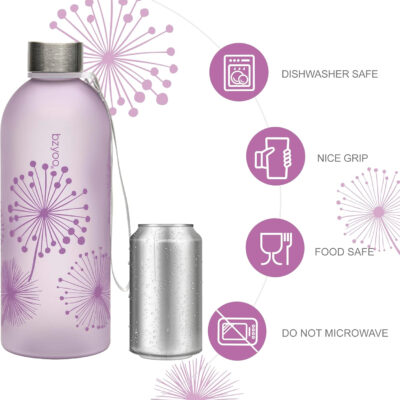 bzyoo 32 OZ 1 Liter Time Marker Water Bottle Frosted Durable Plastic With Strap - Reusable Clear Bottle With Times To Drink Time Markings For Daily Hydration Intake BPA Free (Silver)