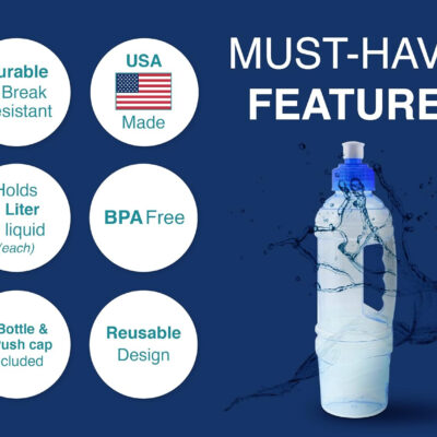 Arrow H2O On The Go Water Bottle, 1 Liter - Clear Plastic Water Bottle with Push Cap - Made in The USA, BPA Free - Built-in Convenient Handle, Leakproof - Ideal for The Gym and Sports Practice